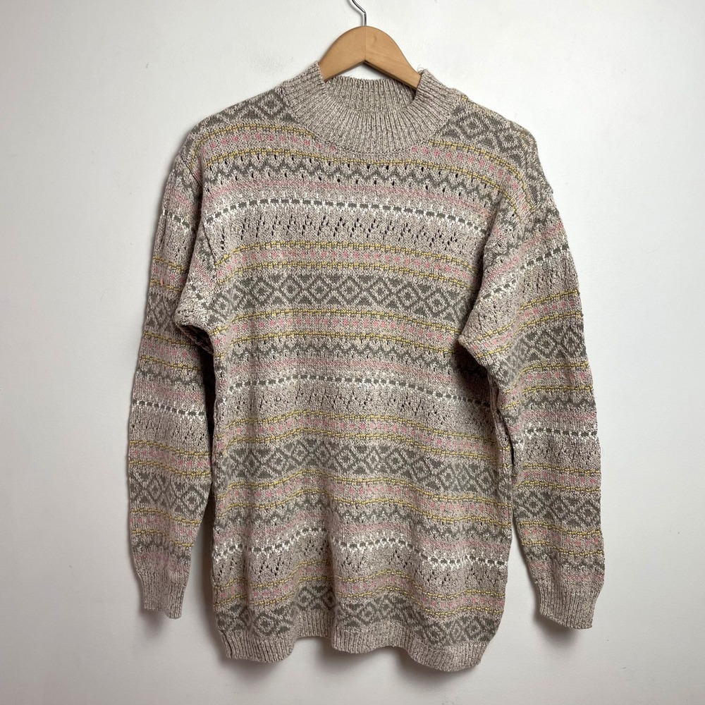 Vintage Fair Isle Mock Neck Sweater Linen Blend Medium Muted Indie Grunge